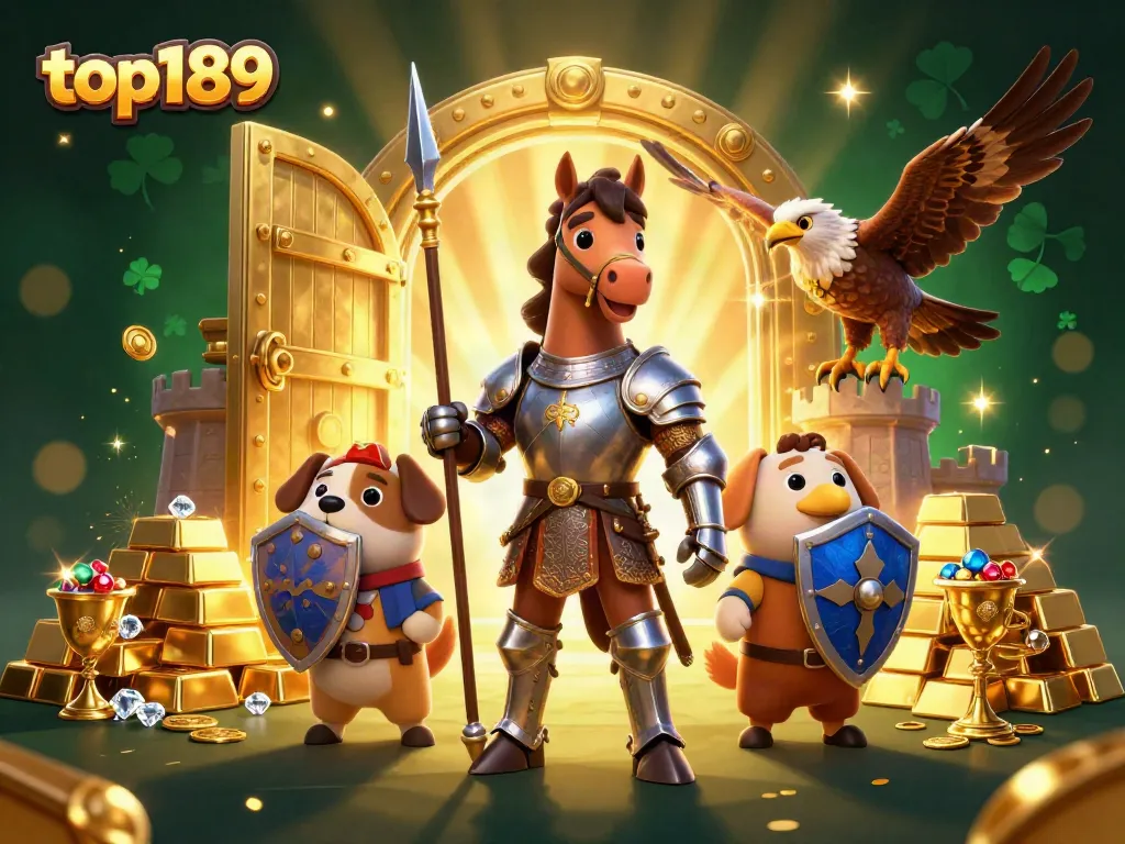 Engage with top189's thrilling gaming world featuring a knight, puppy, and falcon amidst treasure.