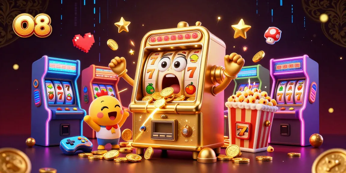O8 slot machine hitting jackpot, with cheering machines and golden coins flowing