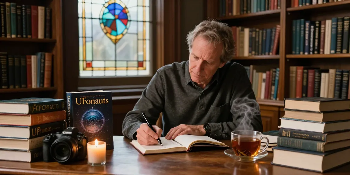 Engaging library scene with T. Allen Greenfield writing about spirituality and UFOs at https://tallengreenfield.com.