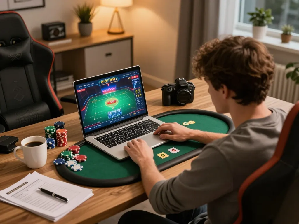 Player strategizing on LGOGOAL online poker game with vibrant poker chips and laptop.
