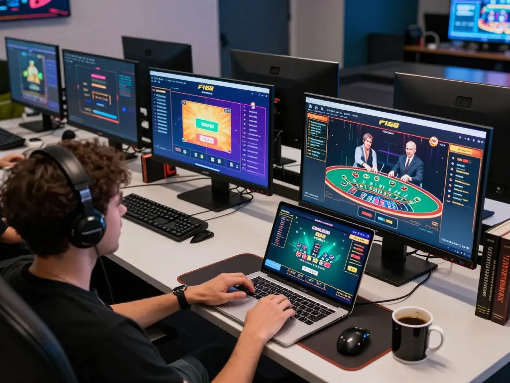 F168 online gaming setup featuring multiple screens with engaging casino games in action