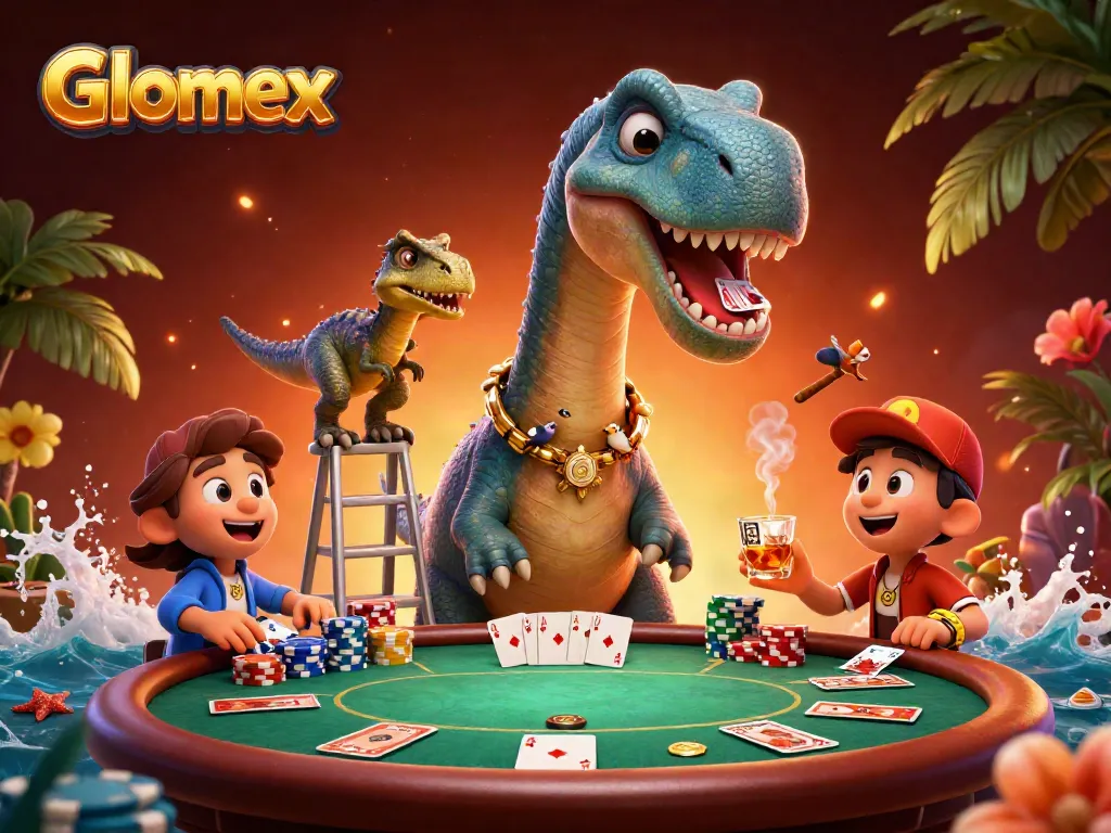 Glomex showcases a vibrant casino scene with a towering brontosaurus and raptor dealing cards.