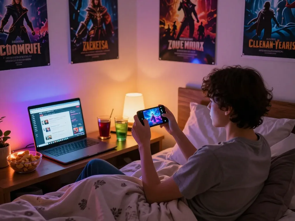 Exciting scene of a person enjoying mobile porn games in a cozy bedroom.