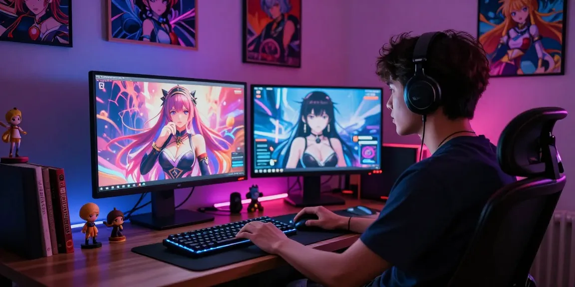 Engaging Hentai AI Chat scene with user interacting with AI characters in a vibrant neon-lit space.
