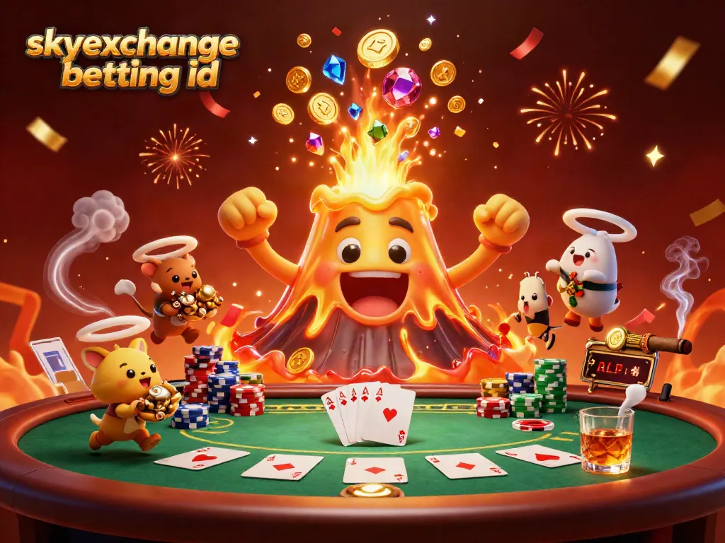 Engage in thrilling adventures with skyexchange betting id, featuring a golden volcano erupting treasures amidst poker elements.
