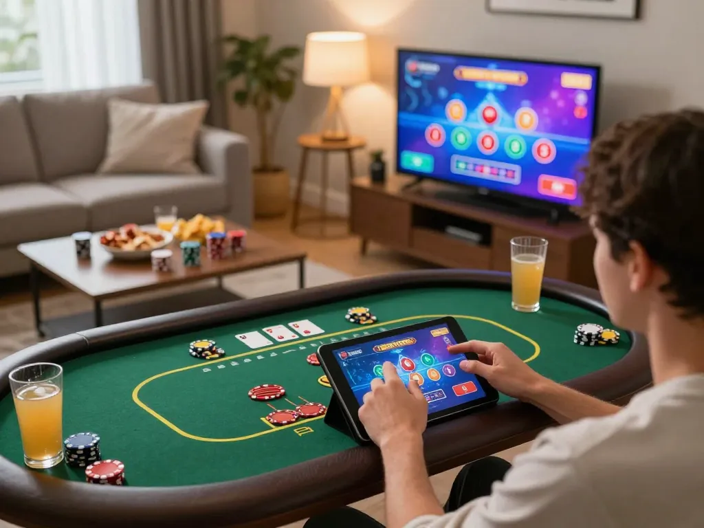 Jun88 player enjoying a live dealer game on tablet in a cozy home setting