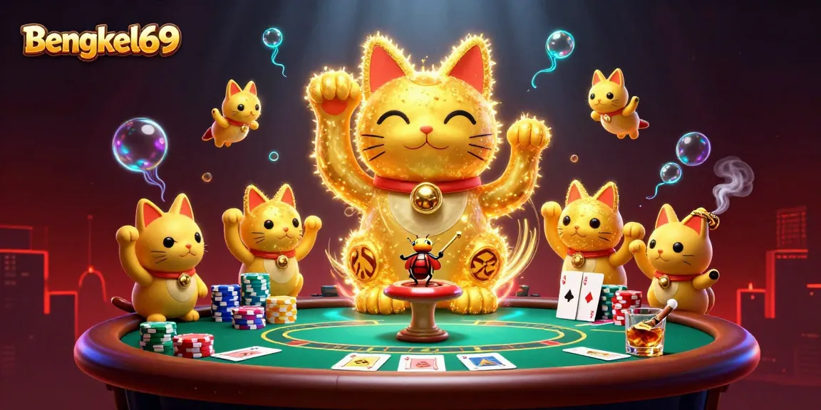 Engage with Bengkel69's vibrant casino scene showcasing a lucky cat amidst card games and poker chips.