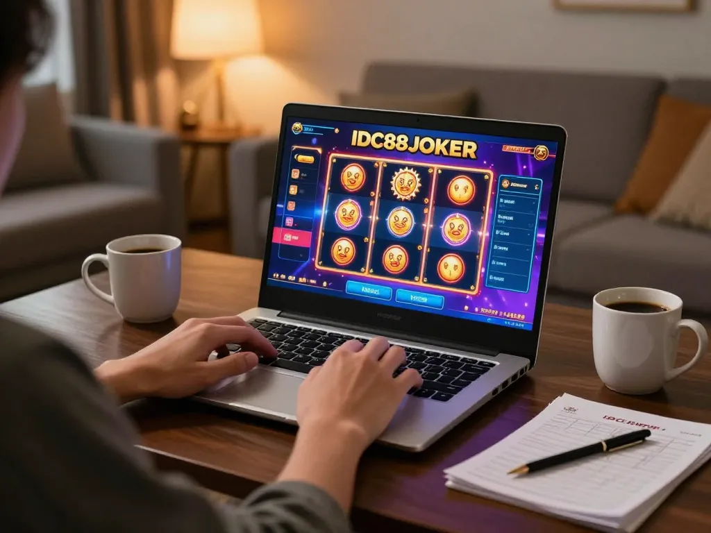 IDC88JOKER player enjoying a thrilling online slot game in a cozy home setting