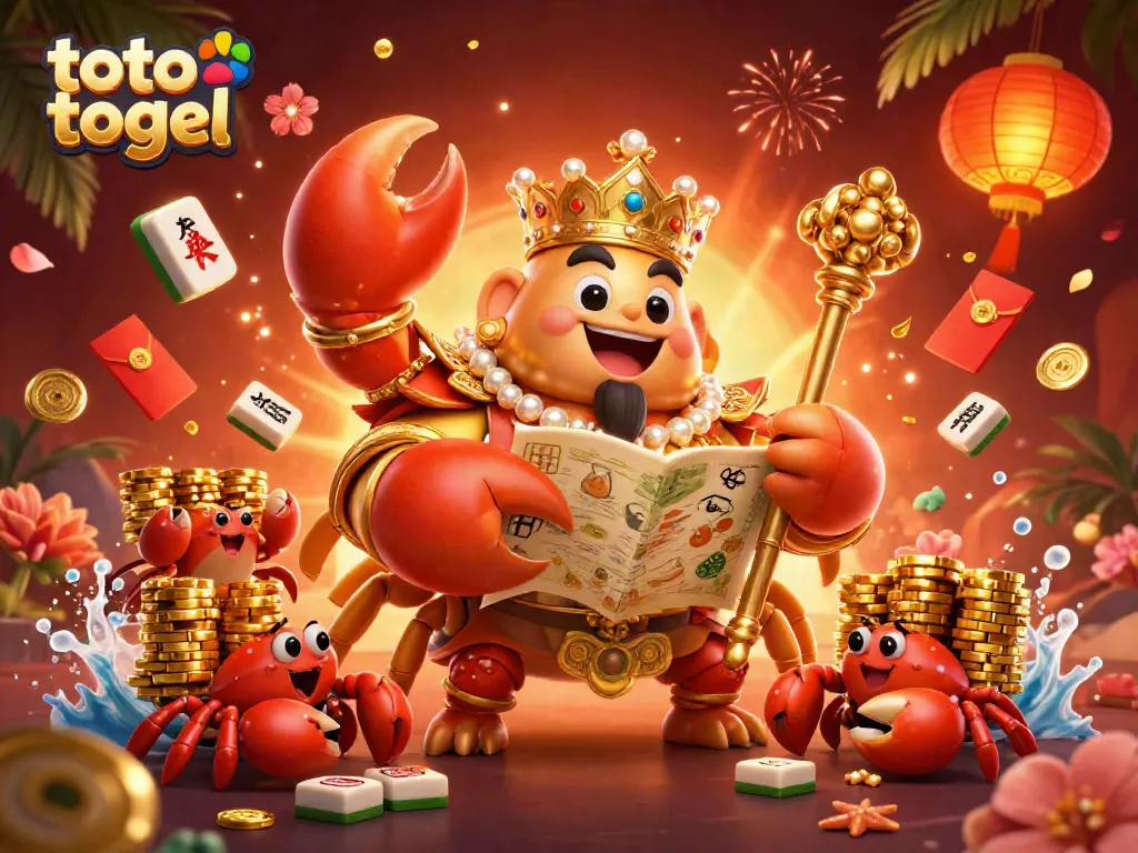 Engage in toto togel excitement with a 3D illustration featuring a golden crab emperor and vibrant game elements.