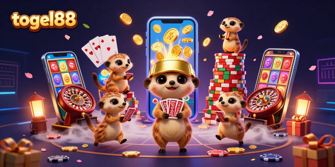 Engage in thrilling gameplay at togel88 with colorful slots and meerkats running a vibrant casino.