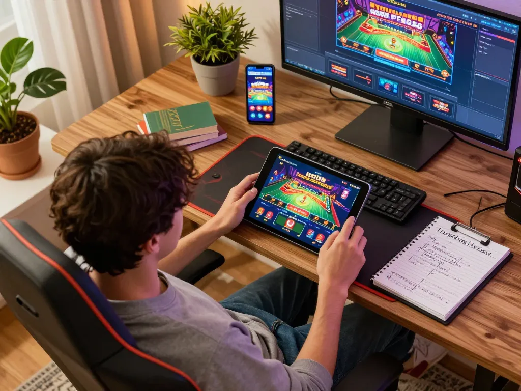 Engaging in online gambling with hello88 on a tablet while tracking strategy notes in a cozy setting