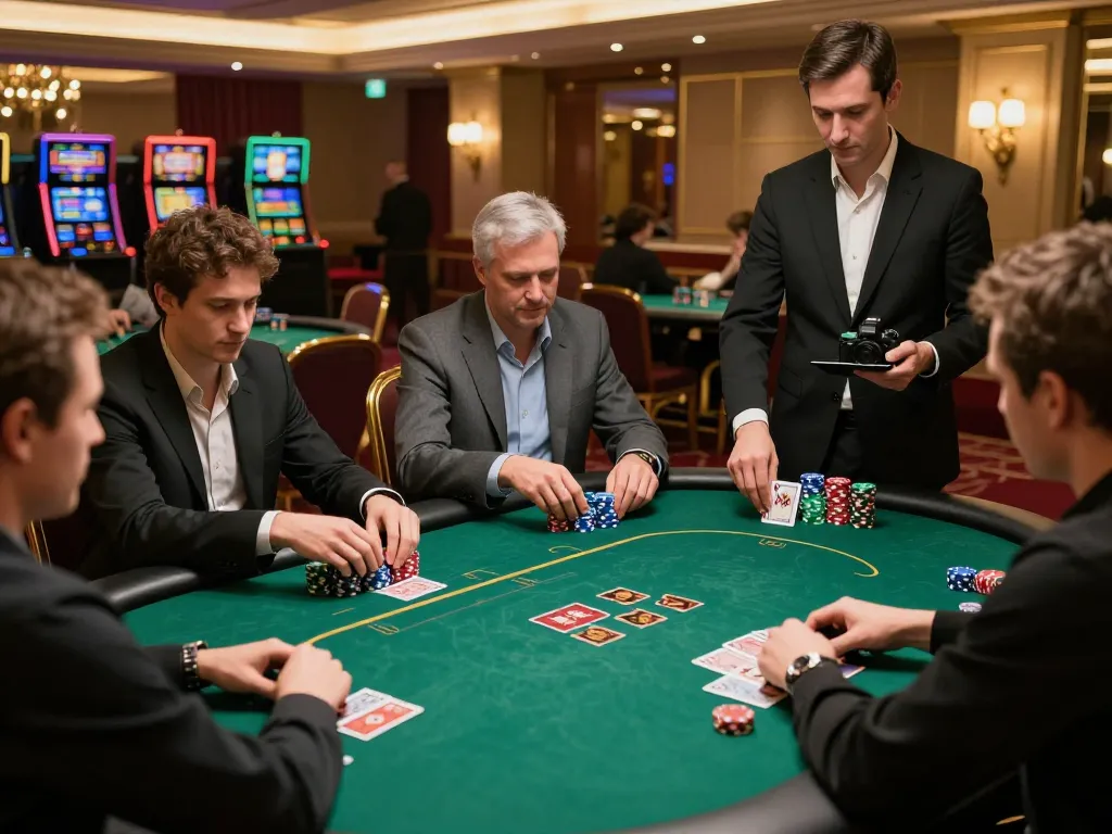 Situs ulat123 showcases intense poker gameplay at an upscale casino with focused players and professional dealers.