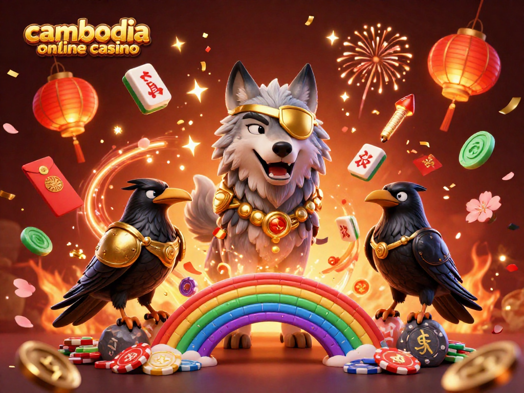 Cambodia online casino showcasing a dynamic 3D scene with Odin the wolf and ravens among vibrant casino elements.