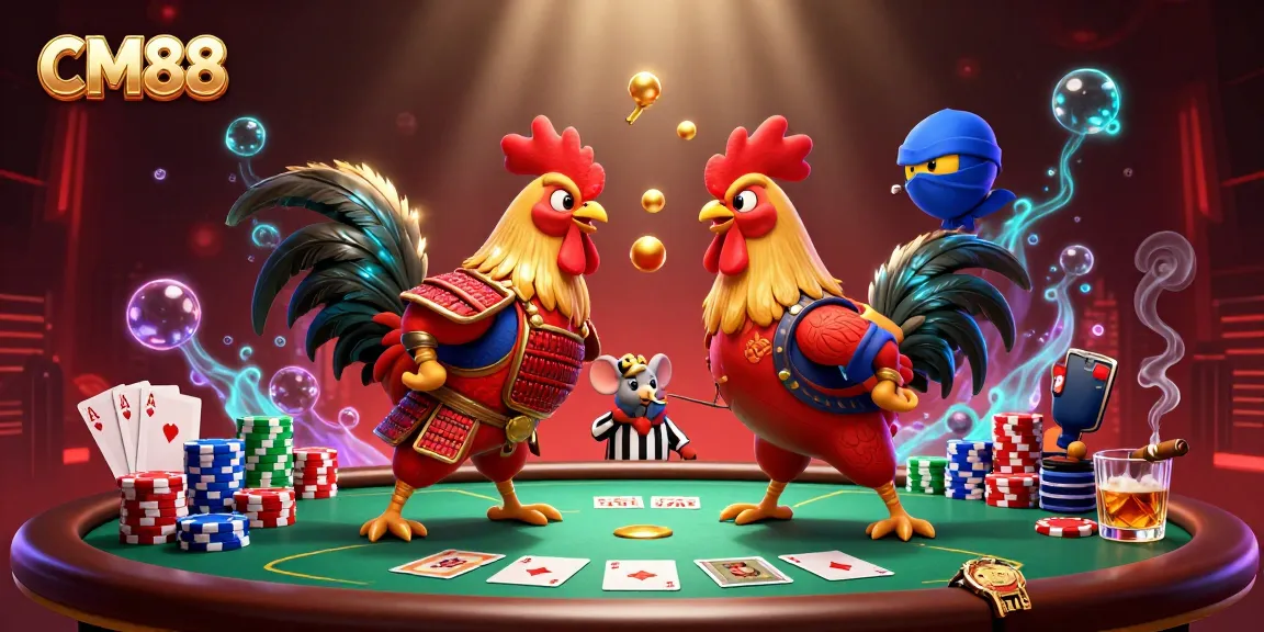 Engage with CM88 through a vibrant 3D illustration of fighting roosters at a poker table, symbolizing high-stakes gaming.