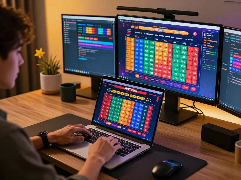 Sesi permainan situs togel menunjukkan seorang pemain terlibat di laptop dengan grafik lotere yang mencolok