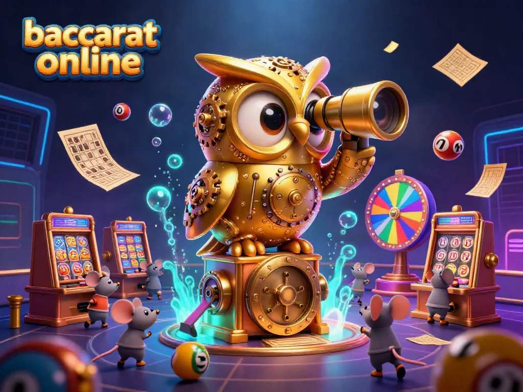 Experience baccarat online with a whimsical illustration of a golden owl and wind-up mouse amidst casino elements.