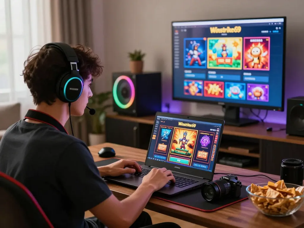 Engaged player enjoying Winstrike69 slots on laptop in a cozy living room, showcasing dynamic online gaming atmosphere.