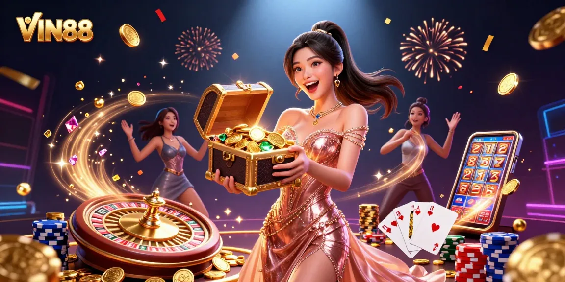 Experience VIN88's thrilling casino atmosphere with a celebration of golden treasures and excitement.