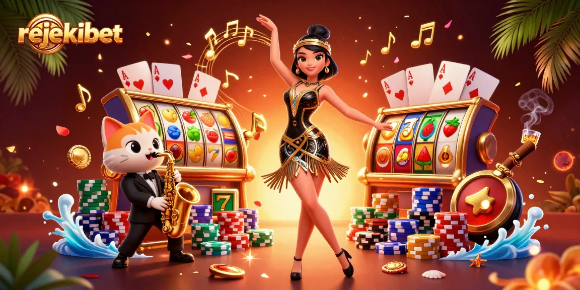 Experience thrilling wins with rejekibet's vibrant slot games and engaging characters in a dynamic casino scene.