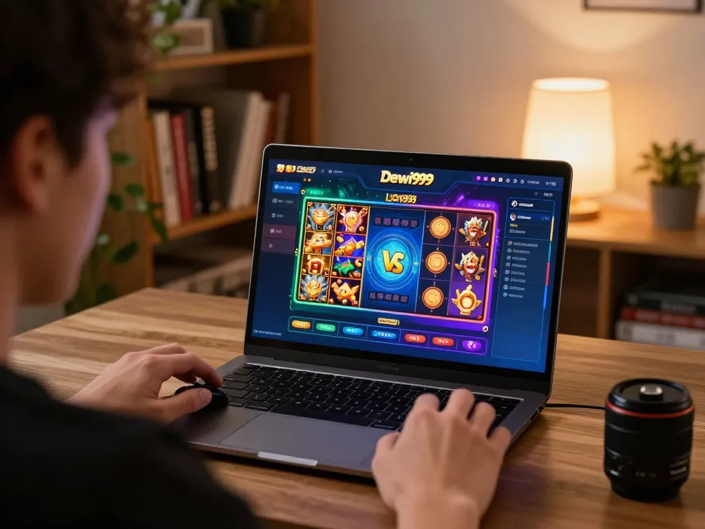Pemain Dewi999 terlibat di laptop menunjukkan sesi permainan online yang dinamis