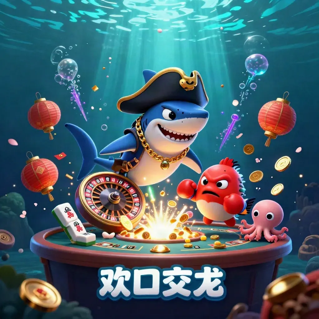 Pirate shark, pufferfish, and baby octopus amid casino treasures under neon underwater light.