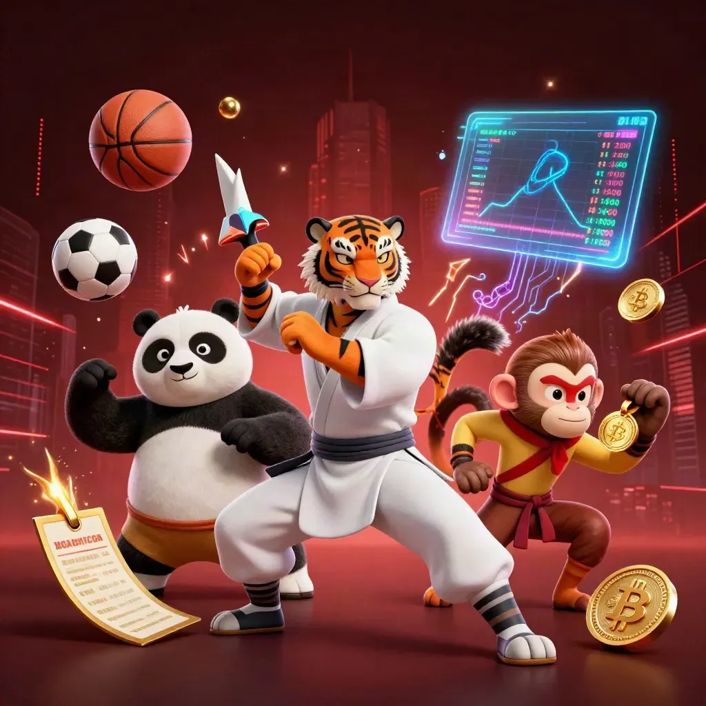Tiger, panda, and monkey in a neon casino sports clash with balls, coins, and electric effects.