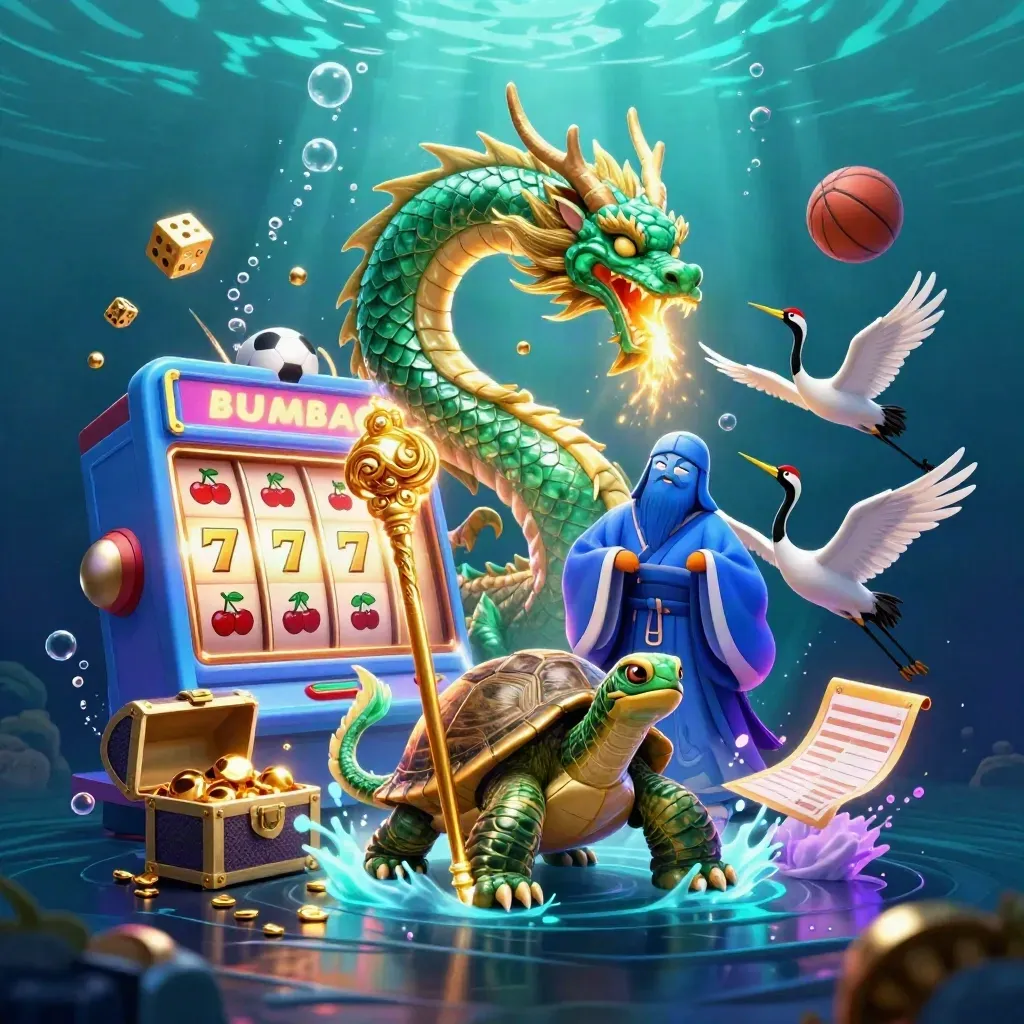 Emerald dragon, turtle sage, cranes, slot burst, sports balls, and neon underwater glow.