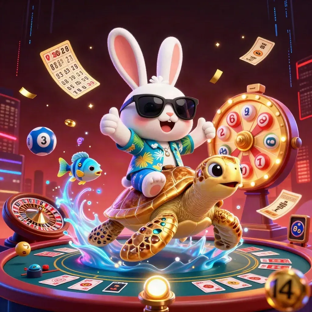 Lucky rabbit rides a golden turtle amid casino icons, neon energy, and dramatic red-black city lights.