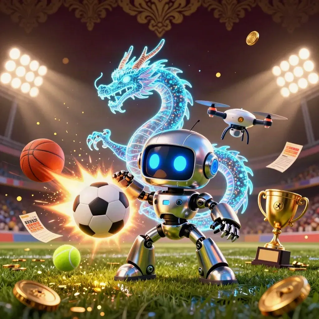 Cyberpunk robot, digital dragon and drone amid flying balls, coins and stadium lights.