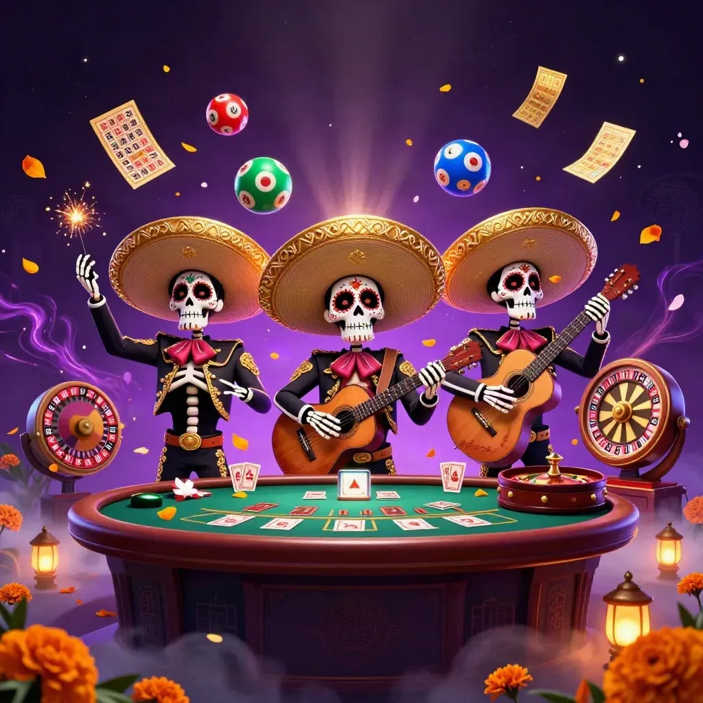 3D skeleton mariachi trio amid casino props, petals, stars, and glowing purple mist