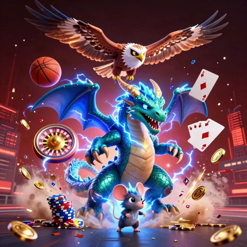 Thunder dragon, wind hawk, and static mouse amid coins, gems, cards, chips, and sports gear.