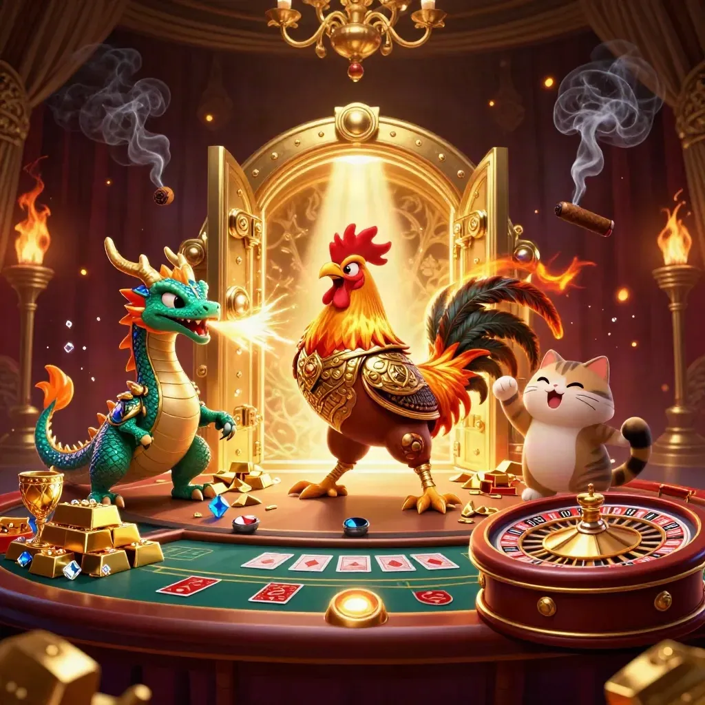 Rooster warrior, dragon hatchling, and fortune-cat amid vault gold, jewels, and casino glow.