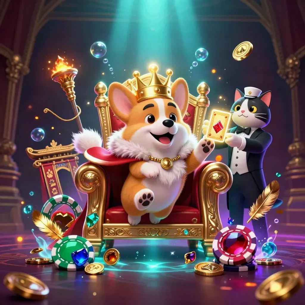 Royal corgi on chip throne with cat butler, treasure, gems, temple gate, and casino glow.