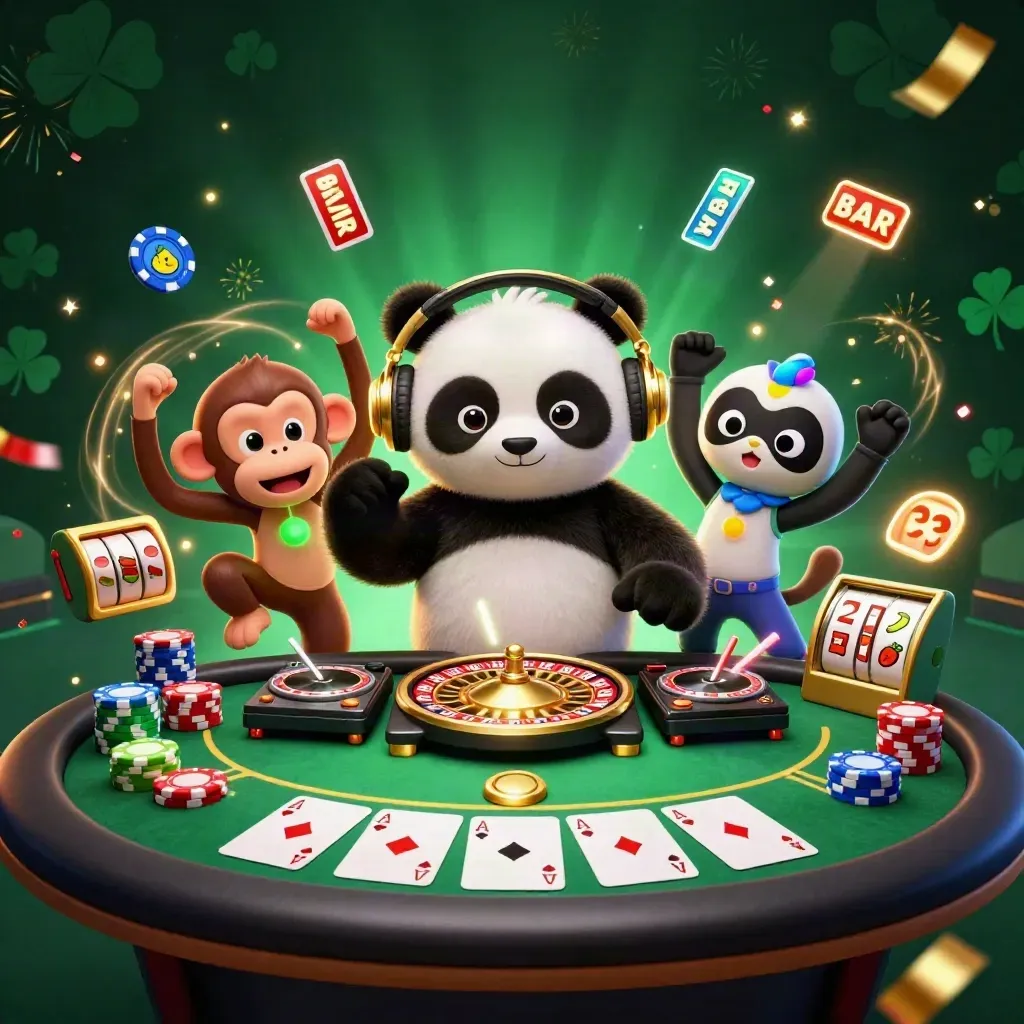DJ panda, dancing monkey, and rave kitten amid chips, cards, fireworks, and emerald neon glow.
