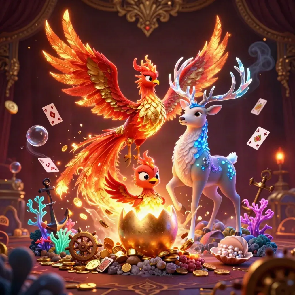 Phoenix trio amid treasure, coral, cards, and glowing casino magic in a luxe dark-gold cove.