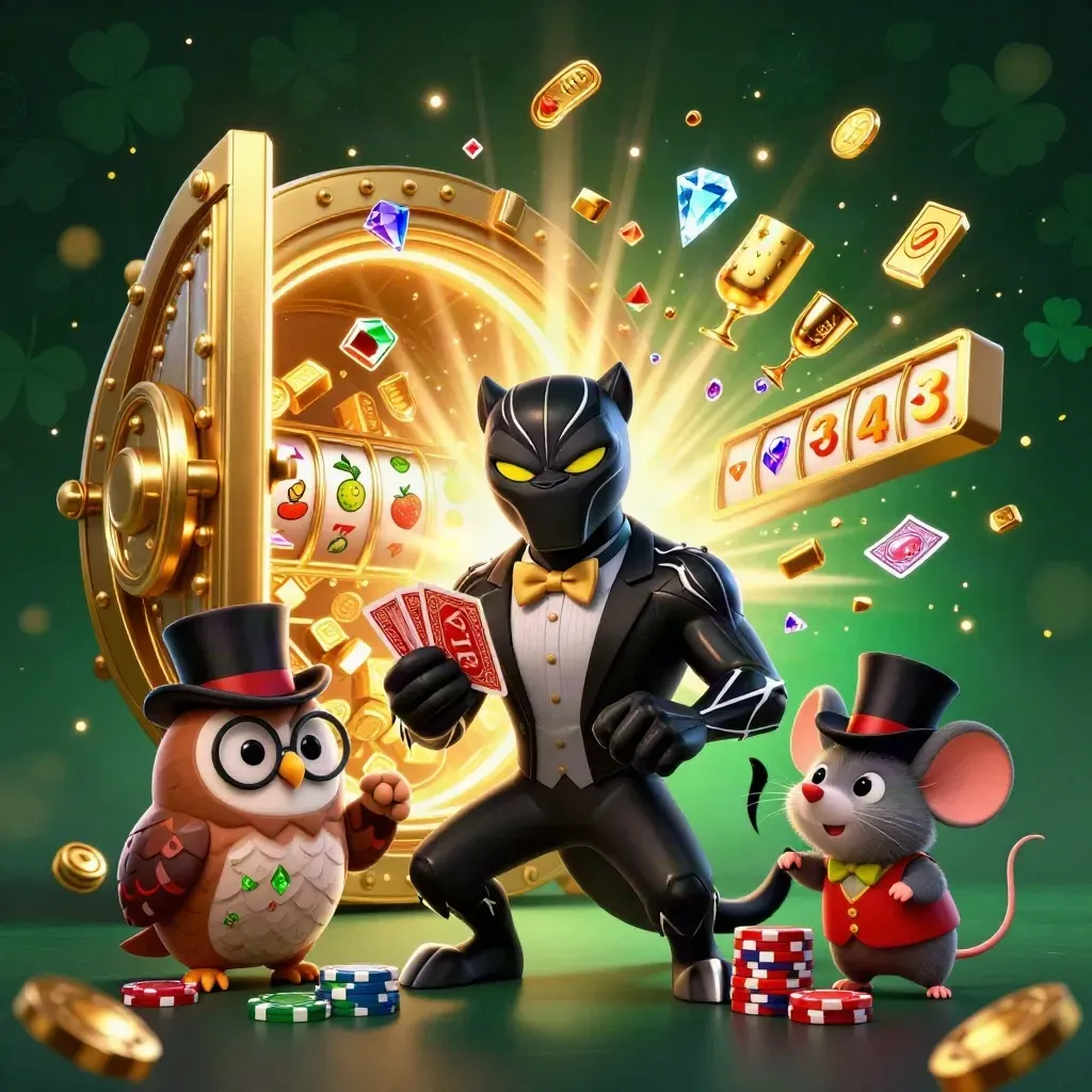 Panther, owl, and mouse raid a glowing vault amid gems, gold, and casino loot.