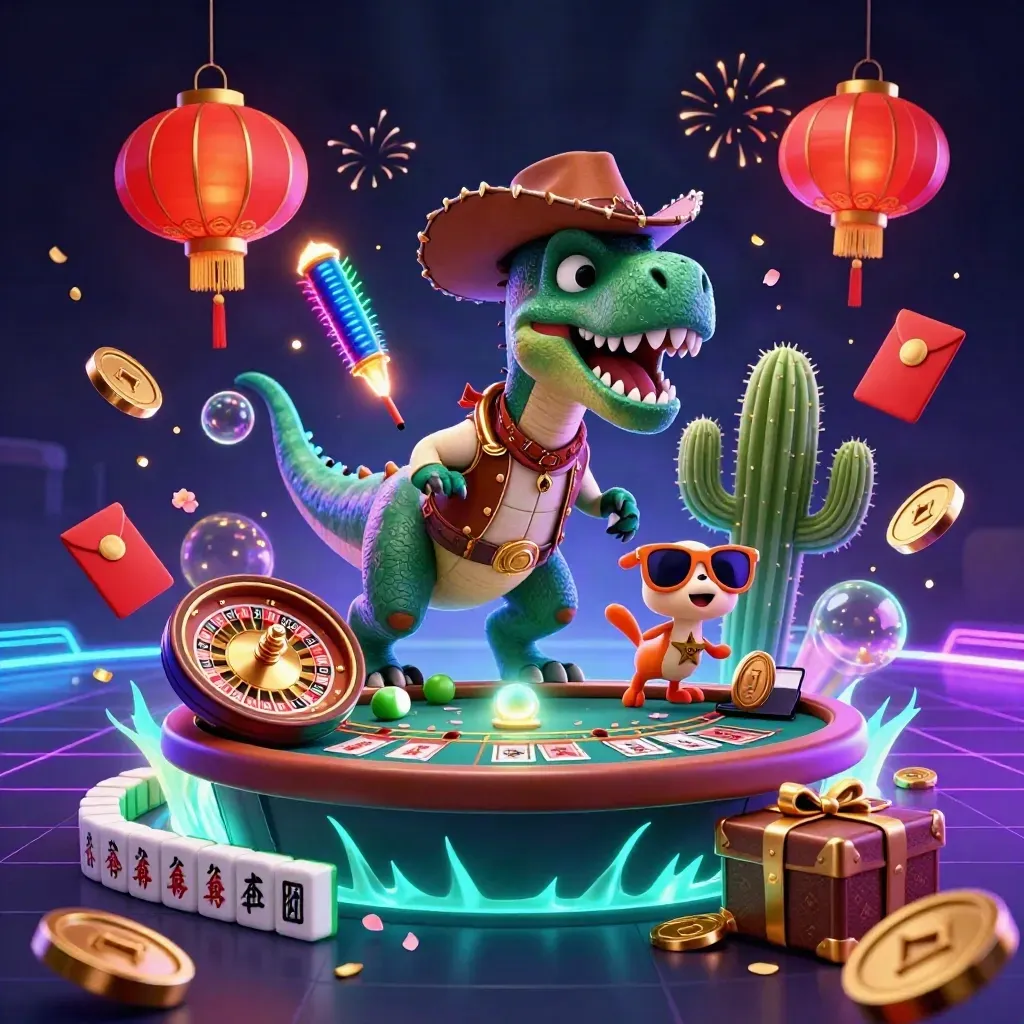 Cowboy T-Rex, cactus sidekick, and roadrunner amid casino treasure, coins, fireworks, and neon glow.