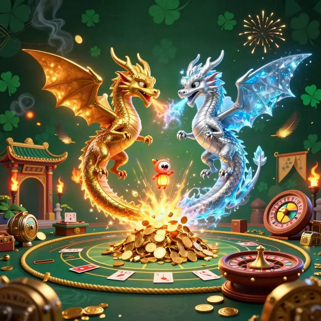 Twin gold and silver dragons spiral through coins, fire, ice, and casino treasure in emerald light.