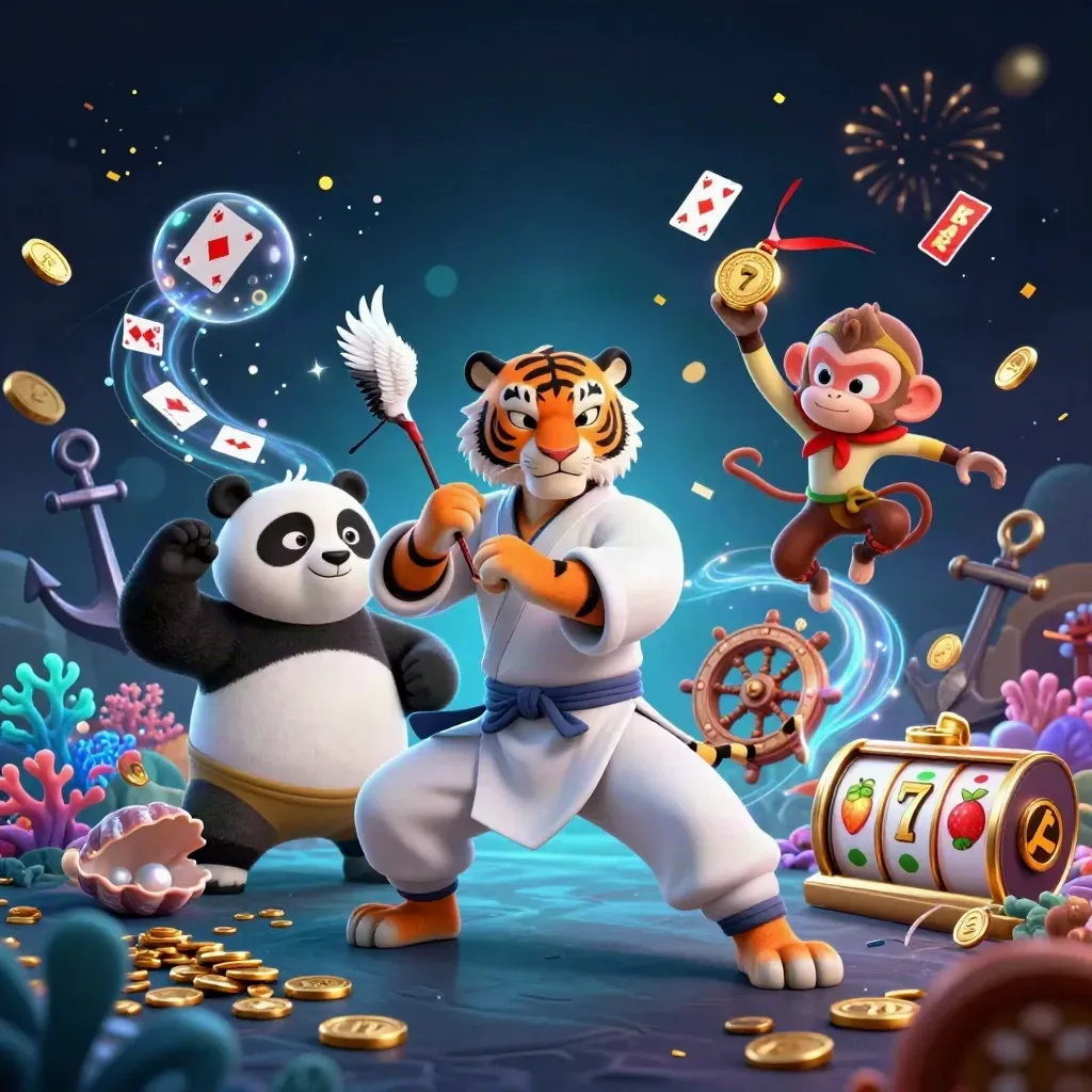 Tiger, panda, and monkey kung-fu heroes amid jewels, coins, coral, and casino sparkles.