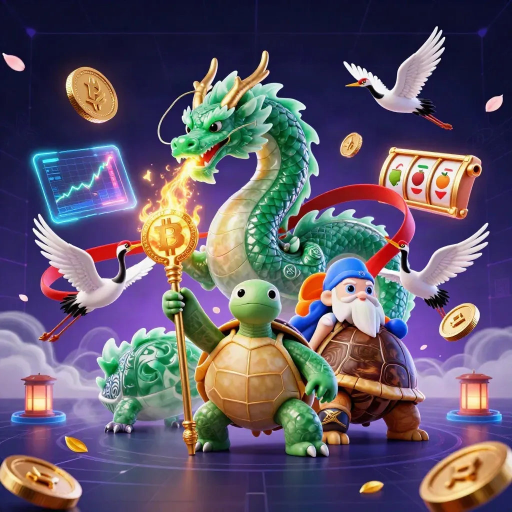 Emerald dragon, turtle sage, and cranes amid gold fire, coins, reels, and neon casino effects.