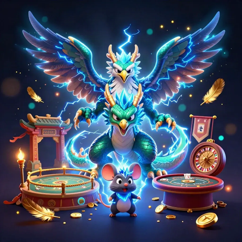 Thunder dragon, glowing hawk, and static mouse amid casino loot and neon lightning.