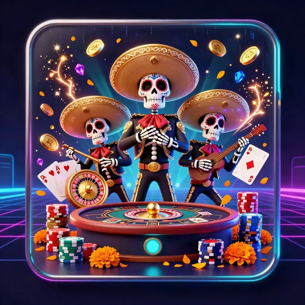 Skeleton mariachi trio amid casino coins, gems, roulette wheel, and neon glow.