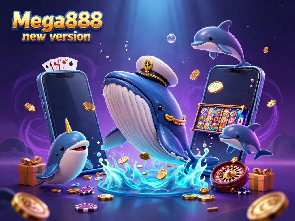 Experience the Mega888 new version with colorful 3D illustrations showcasing exciting casino elements and characters.