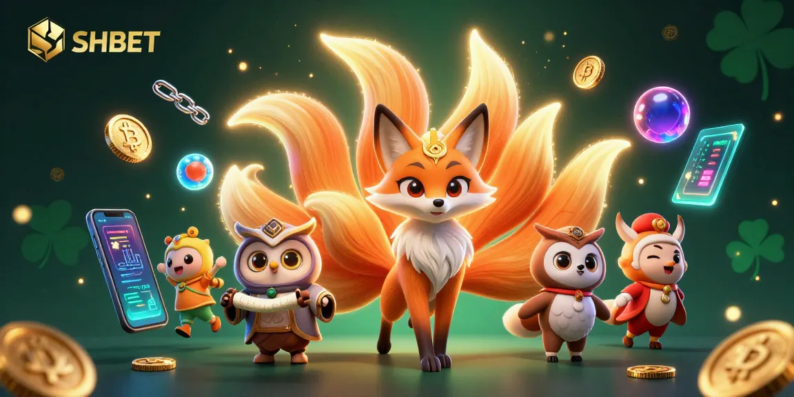Engage in thrilling SHBET with vibrant 3D scenes showcasing crypto elements and a mystical fox spirit.