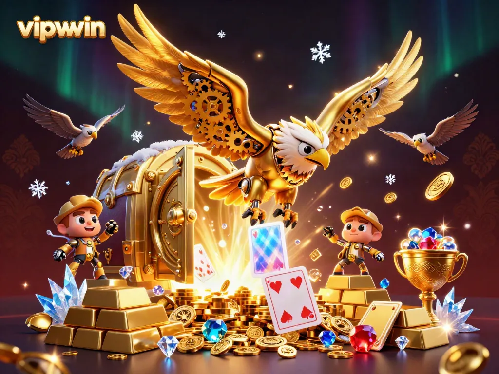 Engage with vipwwin's thrilling world of gambling, featuring an eagle diving through cards in a treasure-filled scene.