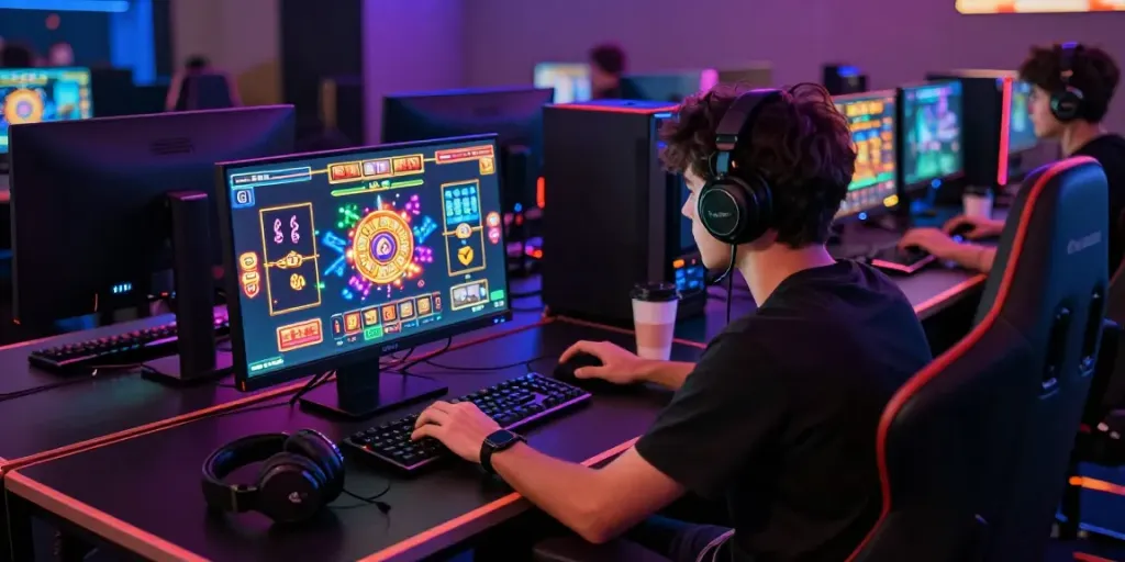 Player engaging with slot gacor game on a modern desktop, colorful graphics enhancing excitement.