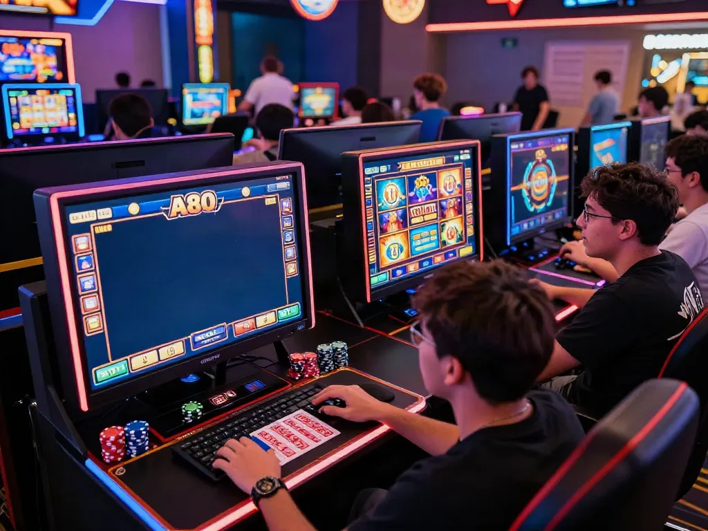 A vibrant A80 slot information platform showcasing players enjoying colorful slot games with immersive gaming setups.