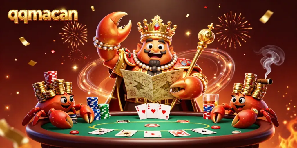 Engage with the vibrant scene of qqmacan featuring a golden crab emperor amidst a dynamic poker game setting.