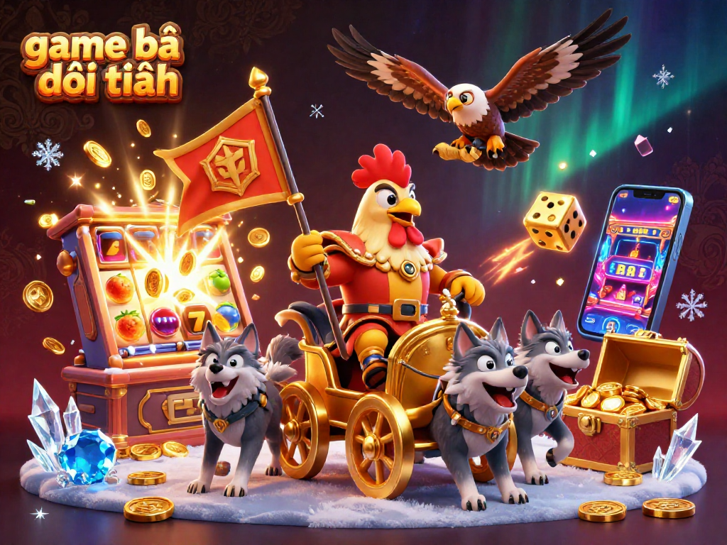 Engage in game bài đổi thưởng with a vibrant 3D scene showcasing a rooster warlord and dynamic casino elements.