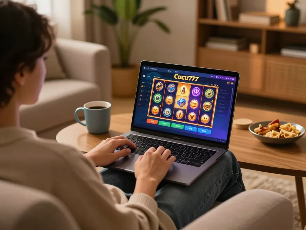 Cucu777 player engaging with vibrant slot game on laptop in a cozy living room